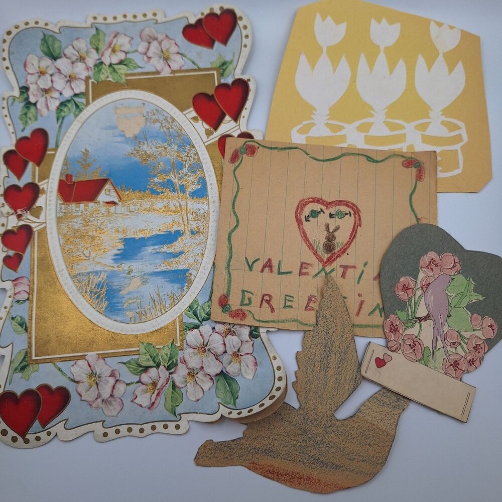 Vintage Valentine Cards Scrapbook Heart Bird Flower Designs Charming Decor‎ Kids